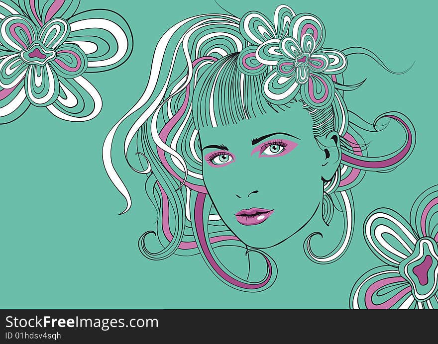 Beautiful pop girl in floral retro background. Beautiful pop girl in floral retro background