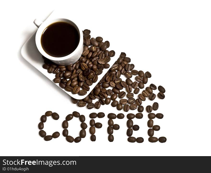 Cup of coffee with coffee grain on a white background