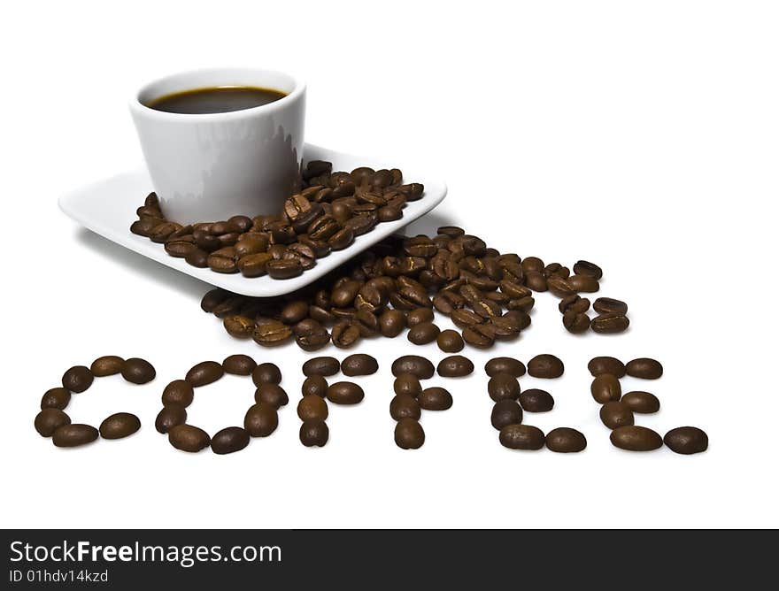 Cup of coffee with coffee grain on a white background