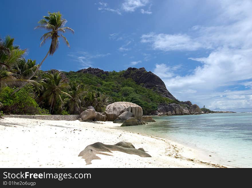 Seychelles stones and palm trees on the bank of azure ocean. Seychelles stones and palm trees on the bank of azure ocean