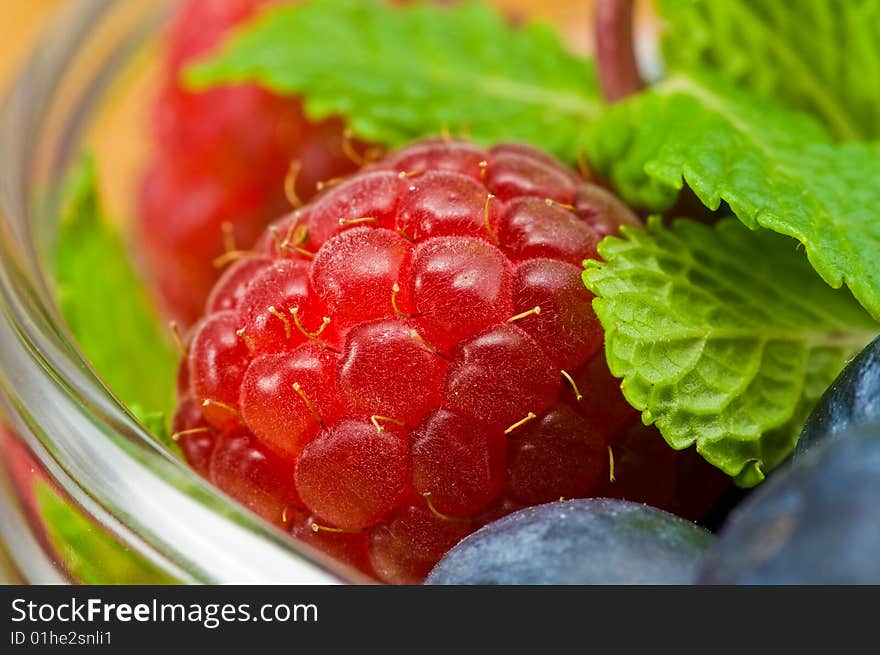 Blueberry, Ruspberry And Mint Leaves