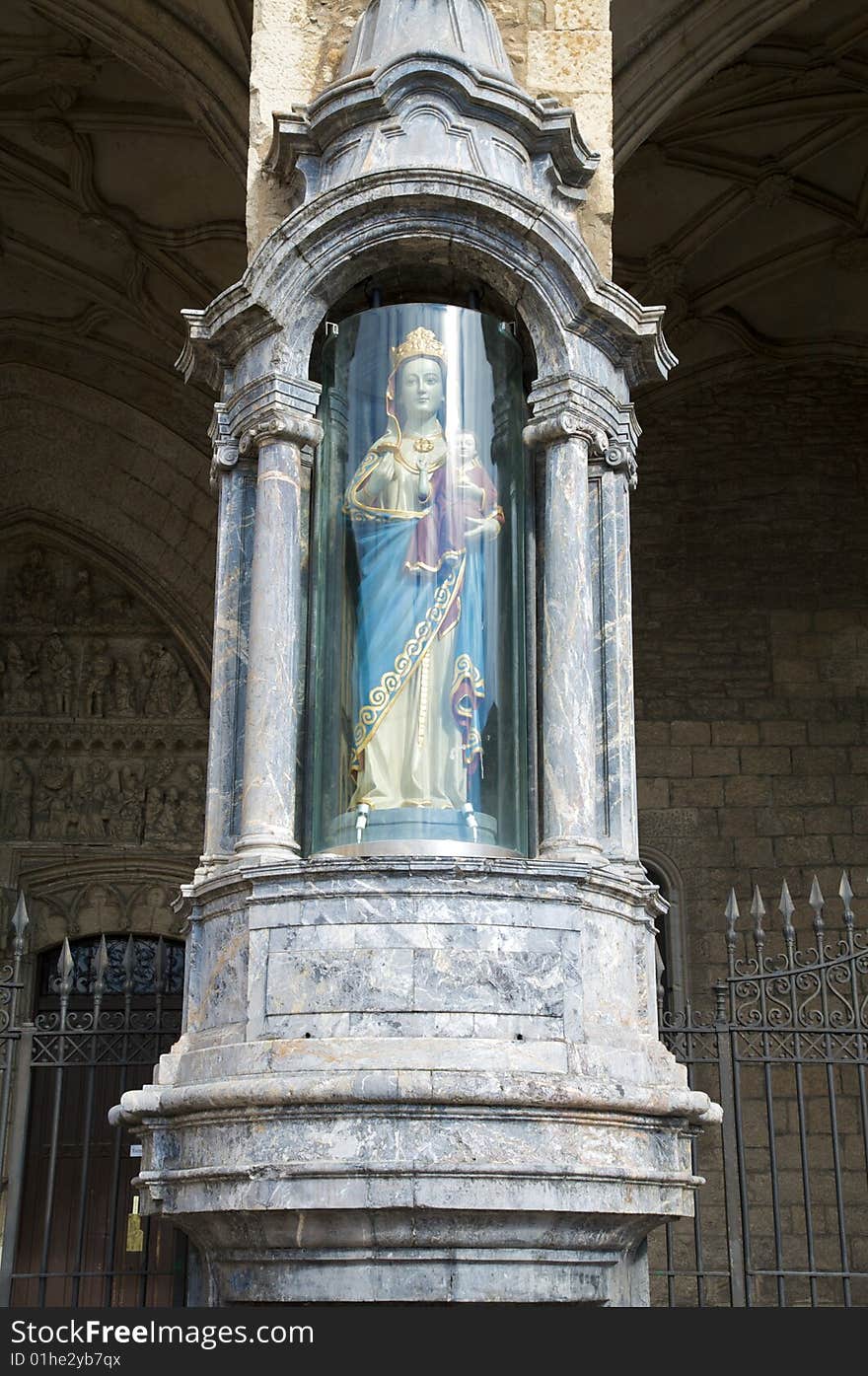 Ancient sculpture of white virgin at vitoria city spain