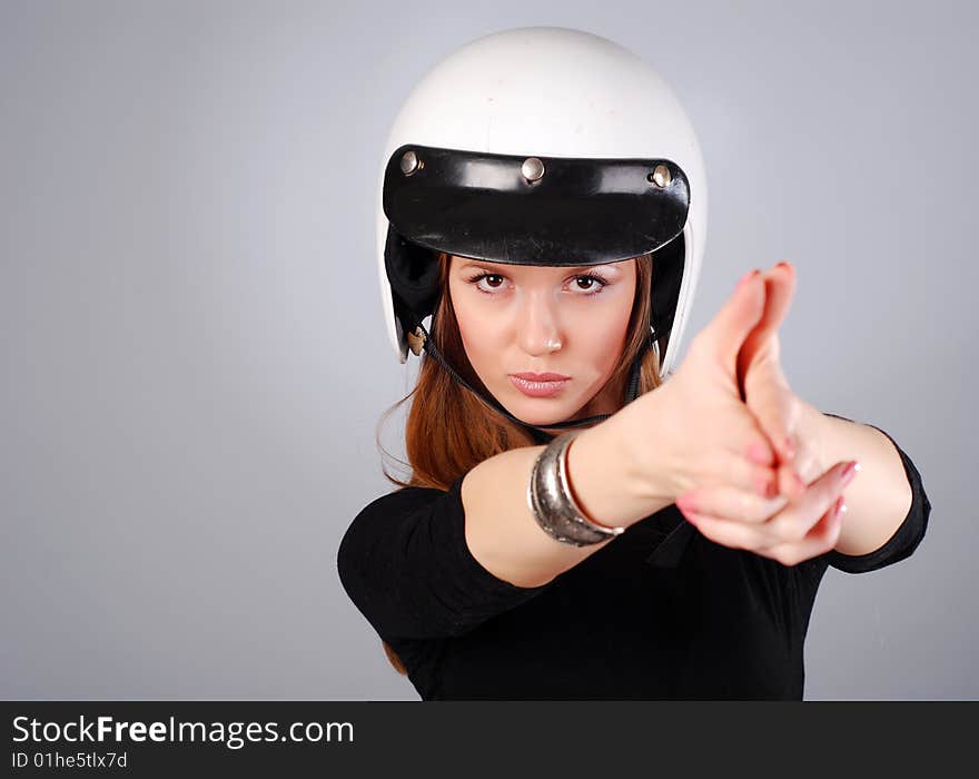 Woman in white helmet