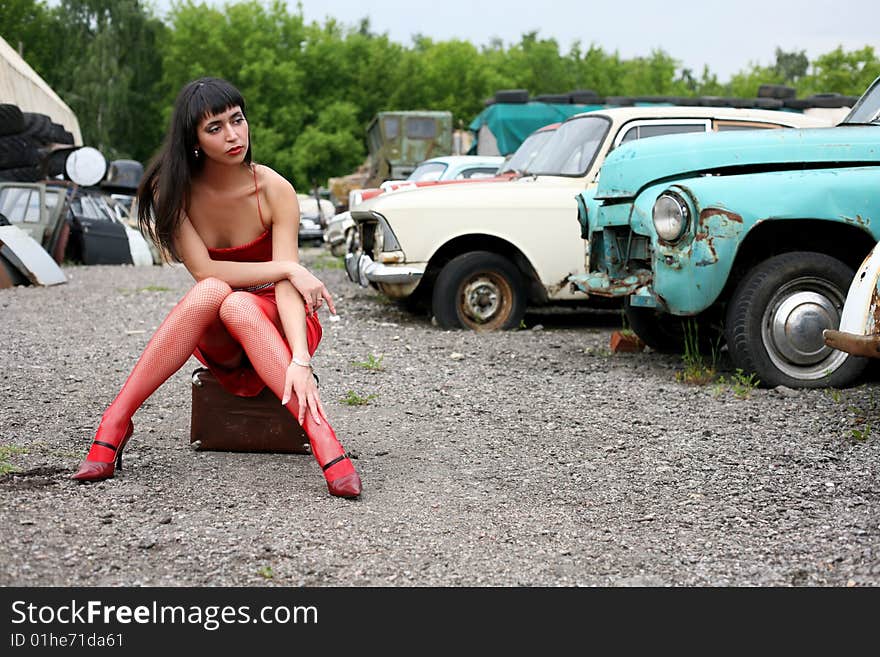 Girl at retro cars