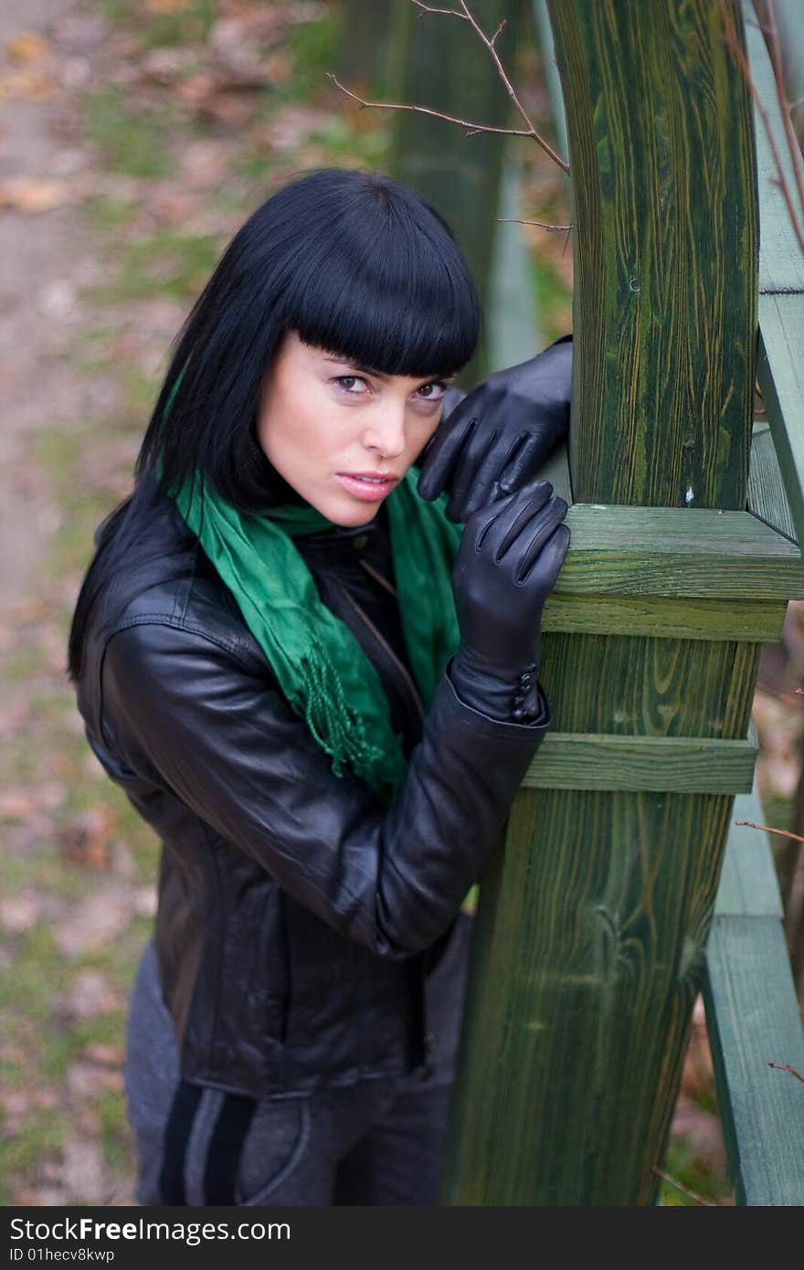 Close-up portrait of beautiful fashion brunette girl in the park