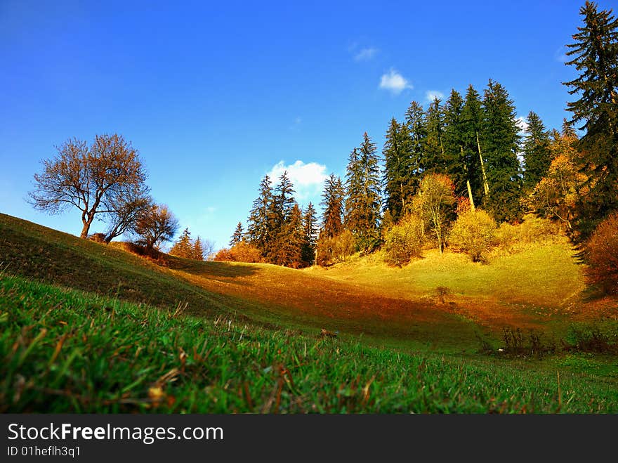 Mountain and Field and deep blue sky