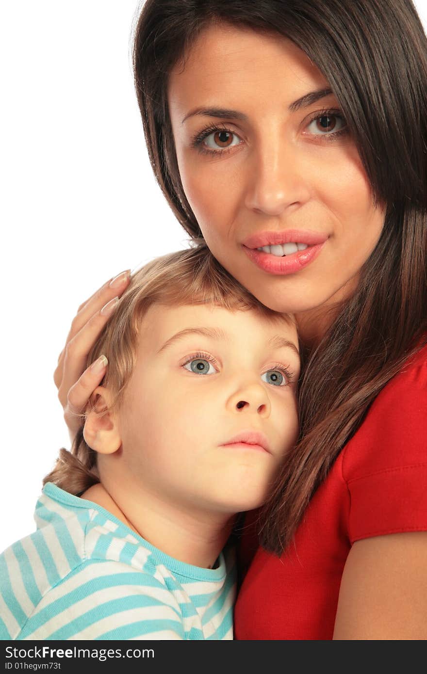 Woman and little girl close-up on white background