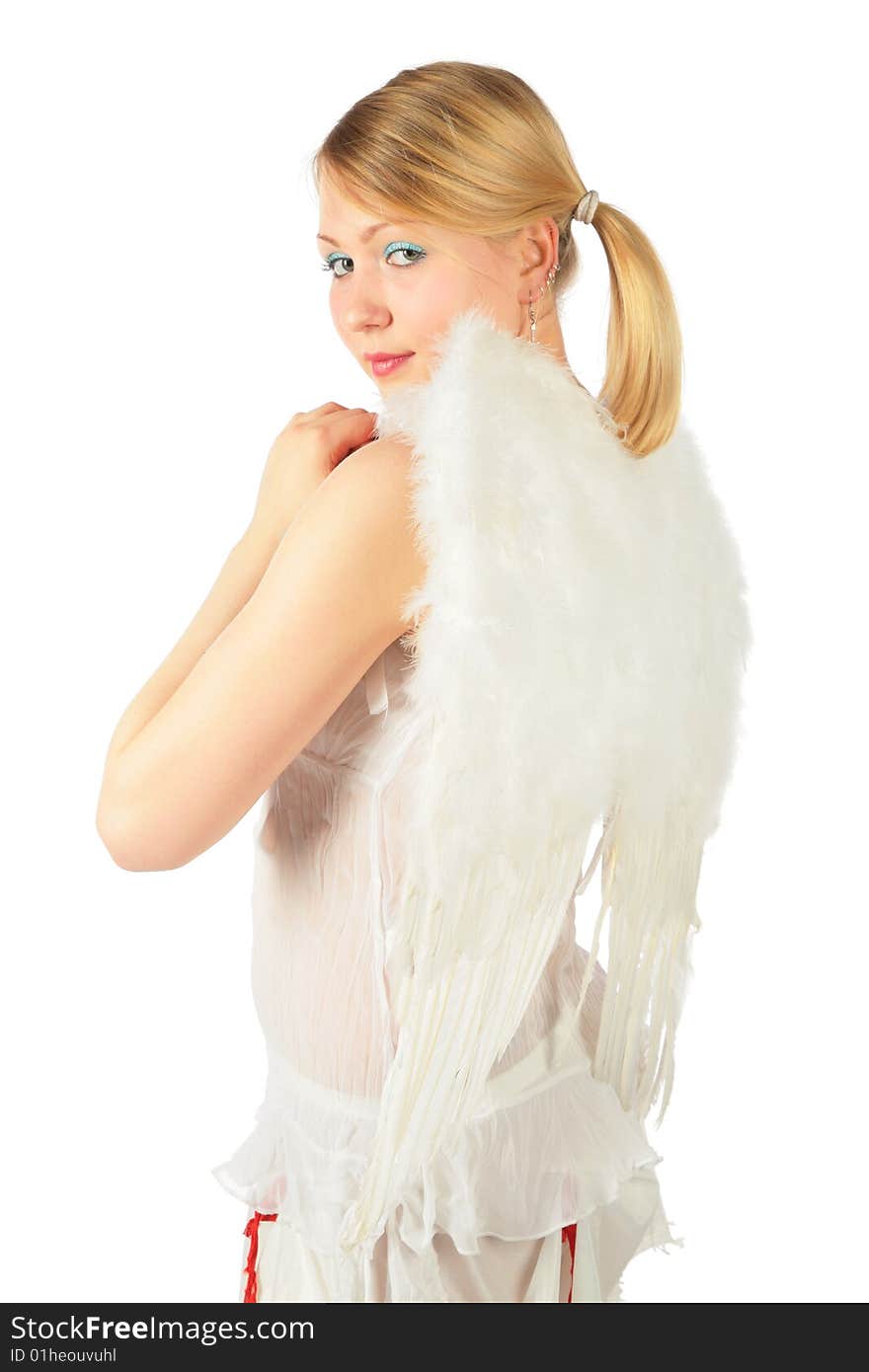 Turned back girl in angel's costume on white background