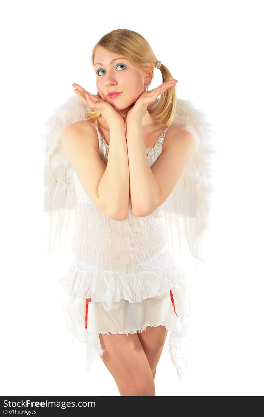 Girl in angel's costume supports  head by palms on white background. Girl in angel's costume supports  head by palms on white background