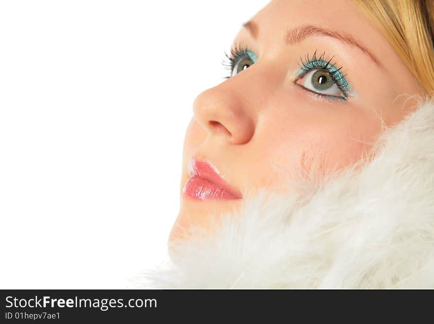 Close-up portrait of blonde  girl in angel's costume on white background