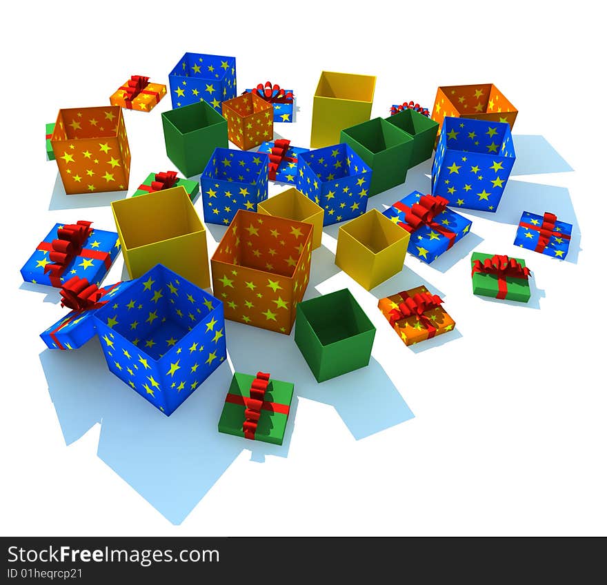 Opened multicolor gift boxes - 3d isolated illustration on white