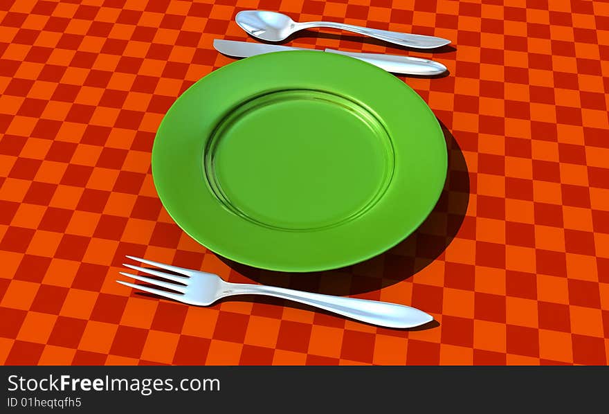 Knife, fork, spoon and plate with table coth - 3d render