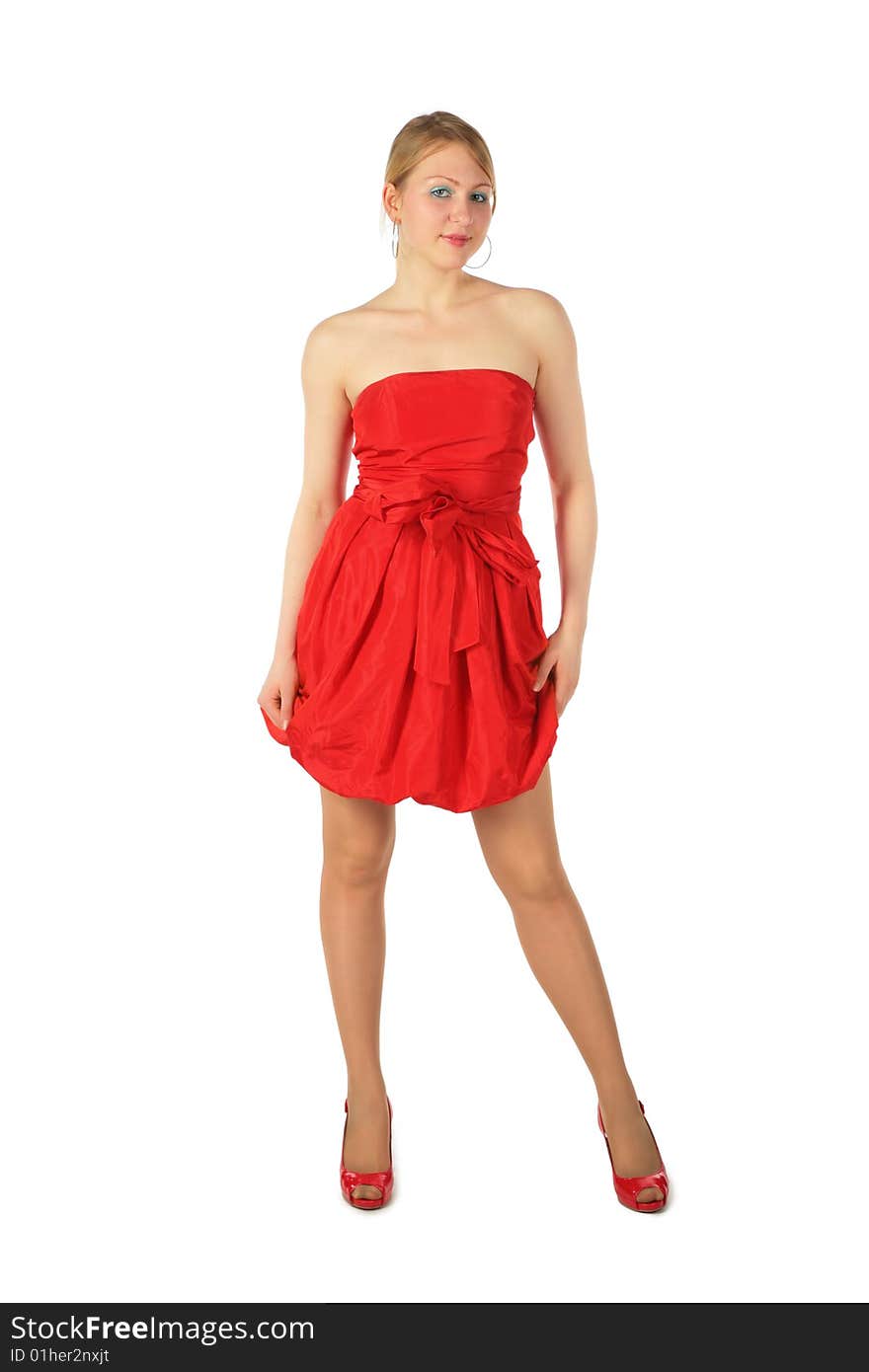 Young blonde girl in red dress and shoes