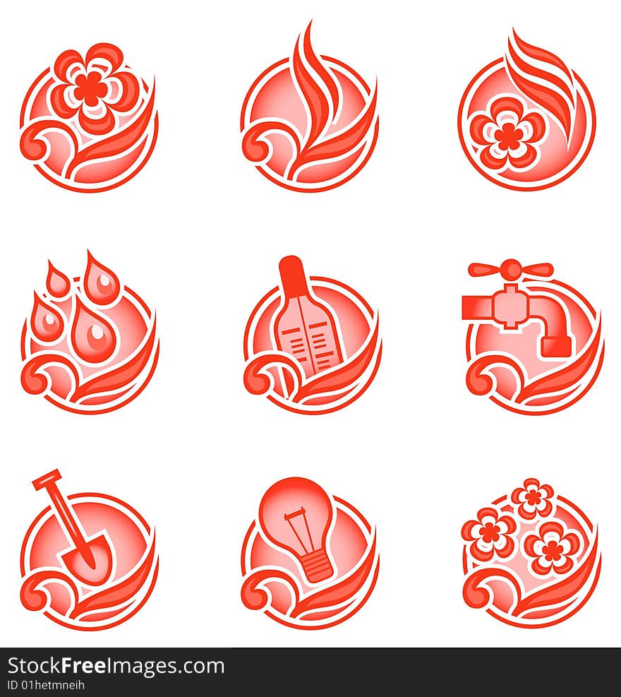 Set of environmental graphics, collection of nature icons, vector illustration in red. Set of environmental graphics, collection of nature icons, vector illustration in red