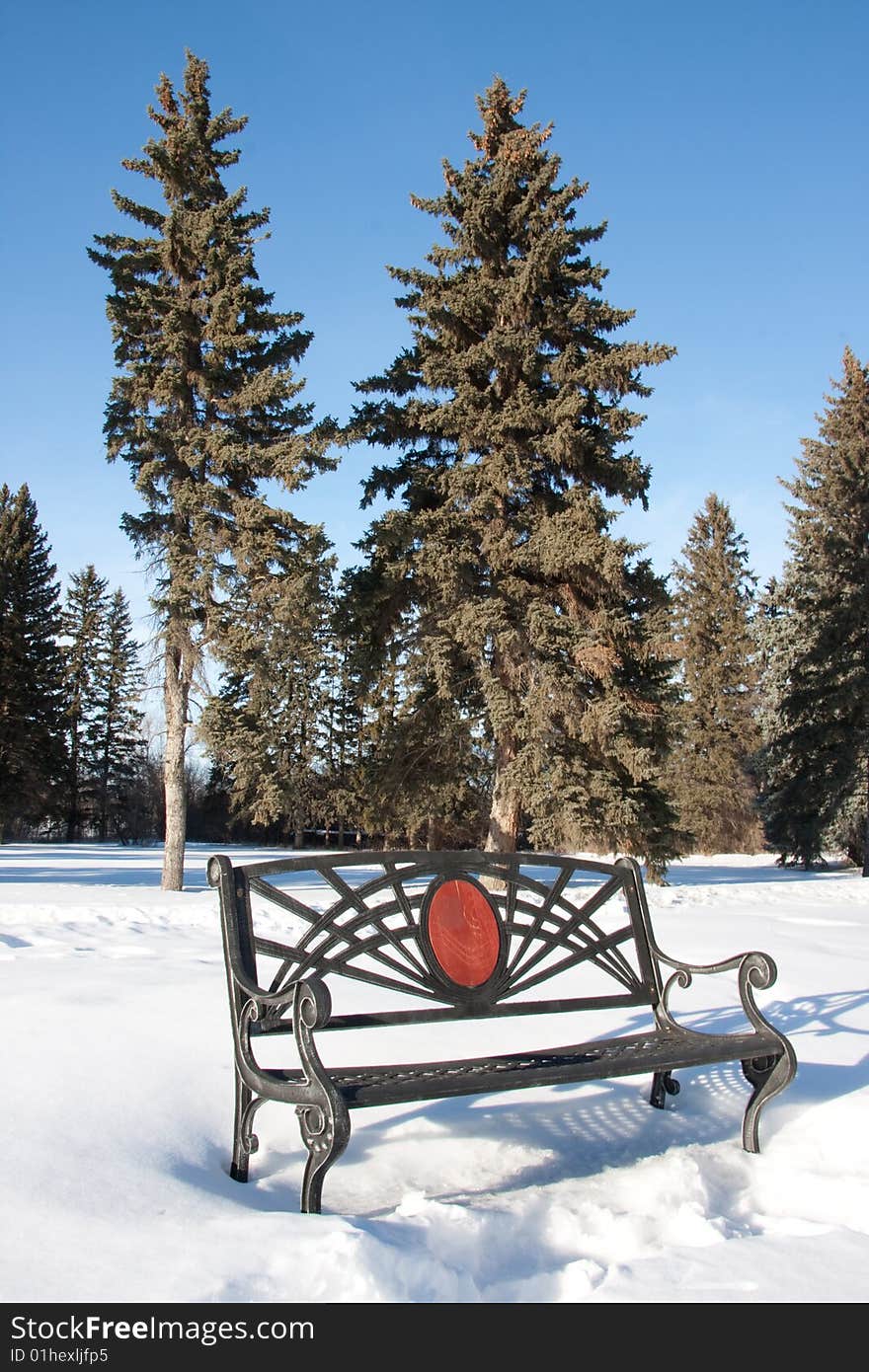 A bench in a park during a bright sunny day in winter. A bench in a park during a bright sunny day in winter.