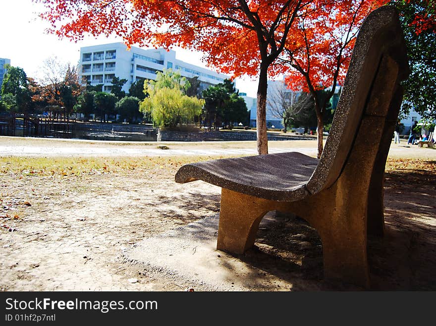 The Stone Chair In The Red Maple Leaf