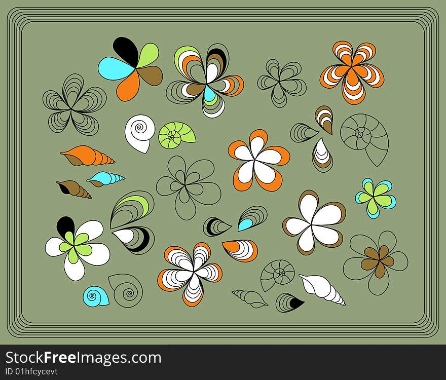 Design with drawing flowers and shell. Design with drawing flowers and shell