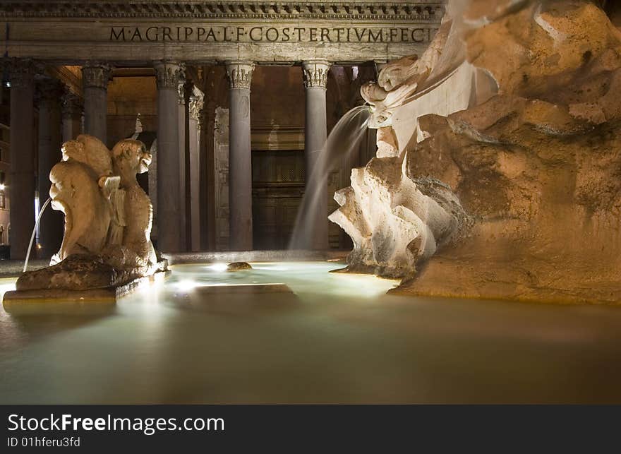 Pantheon square in Rome at night with the fountain