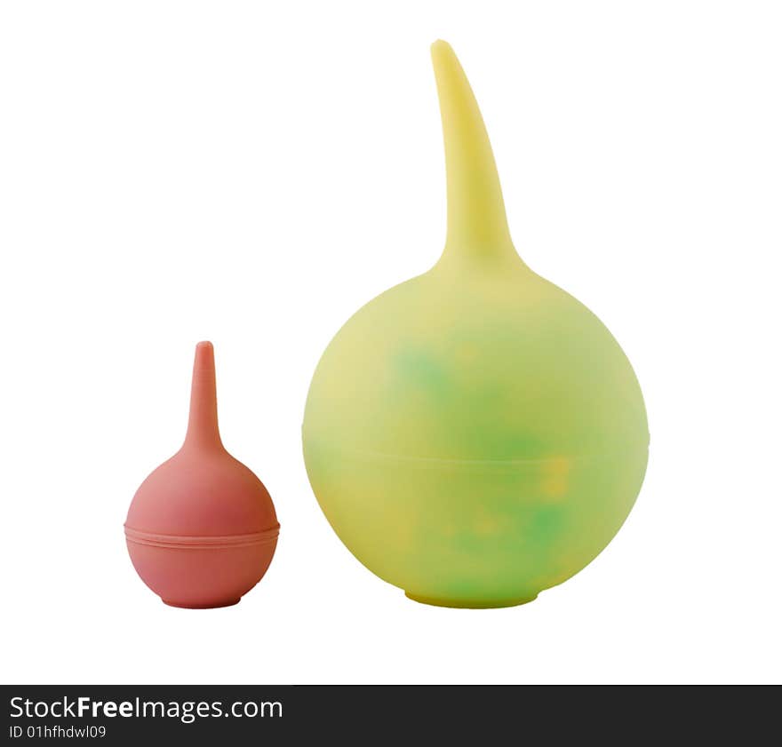 Two rubber pears on a white background for big and small