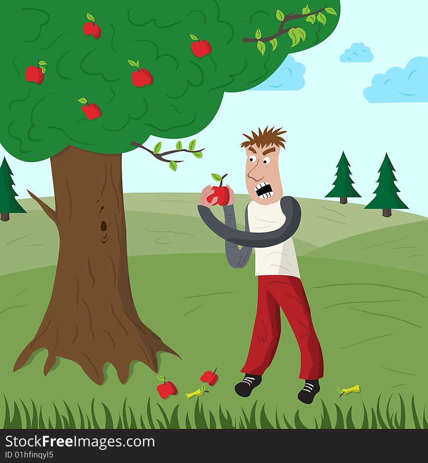 Hungry man eats red apple on green lawn