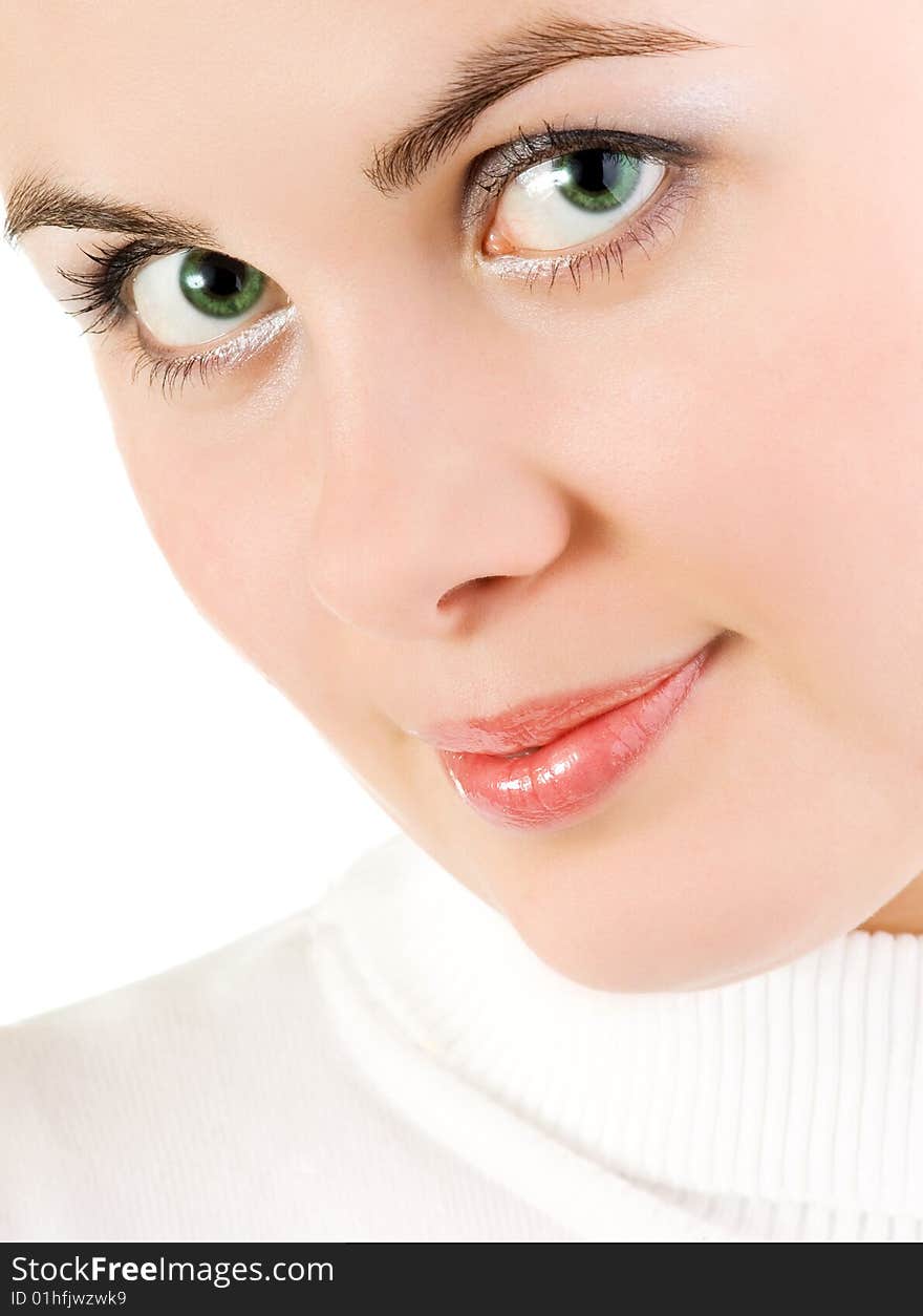 Portrait of young beautiful woman on white background