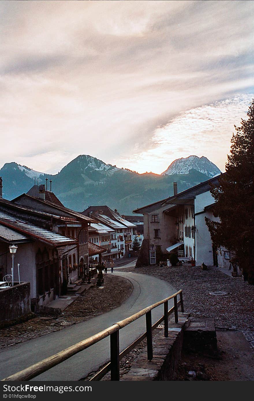 Late afternoon sight of the medieval town of gruyères in swiss. Late afternoon sight of the medieval town of gruyères in swiss