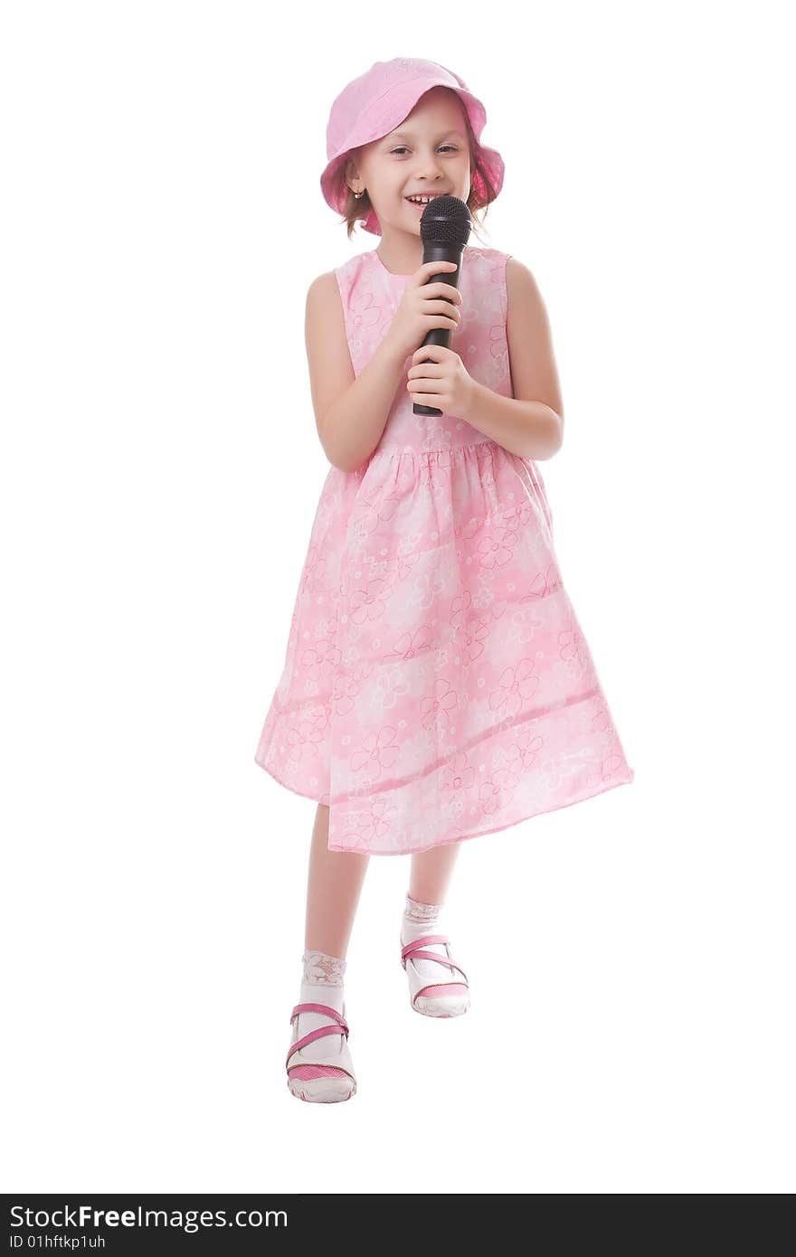 Girl sings a song in a microphone isolated on a white background