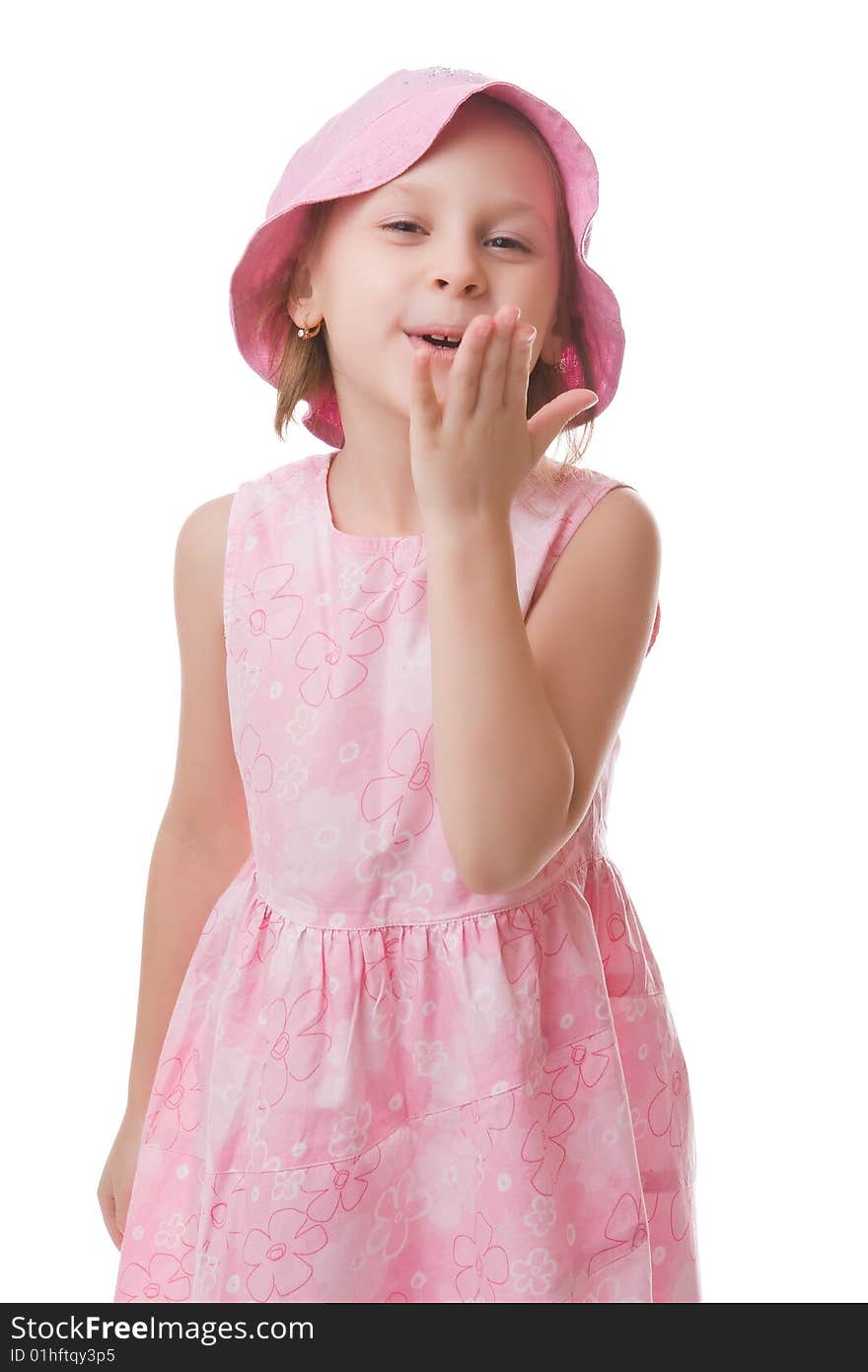 Girl sends an air kiss isolated on a white background