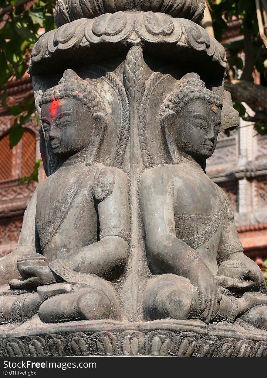 Buddhist sculpture. Monkey Temple (Swayambunath Stupa) in Nepal.