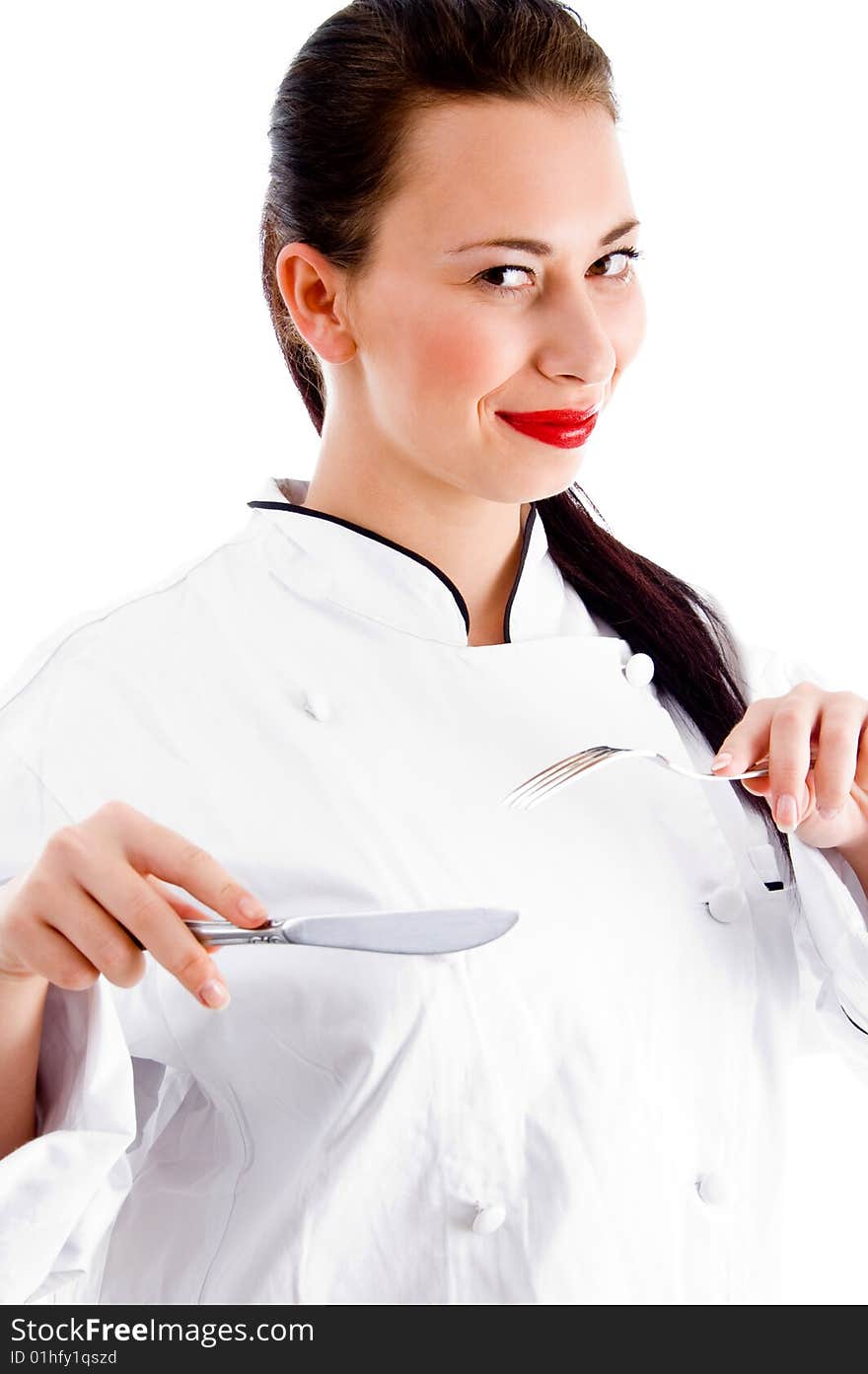 Smart chef holding fork and knife on an isolated white background