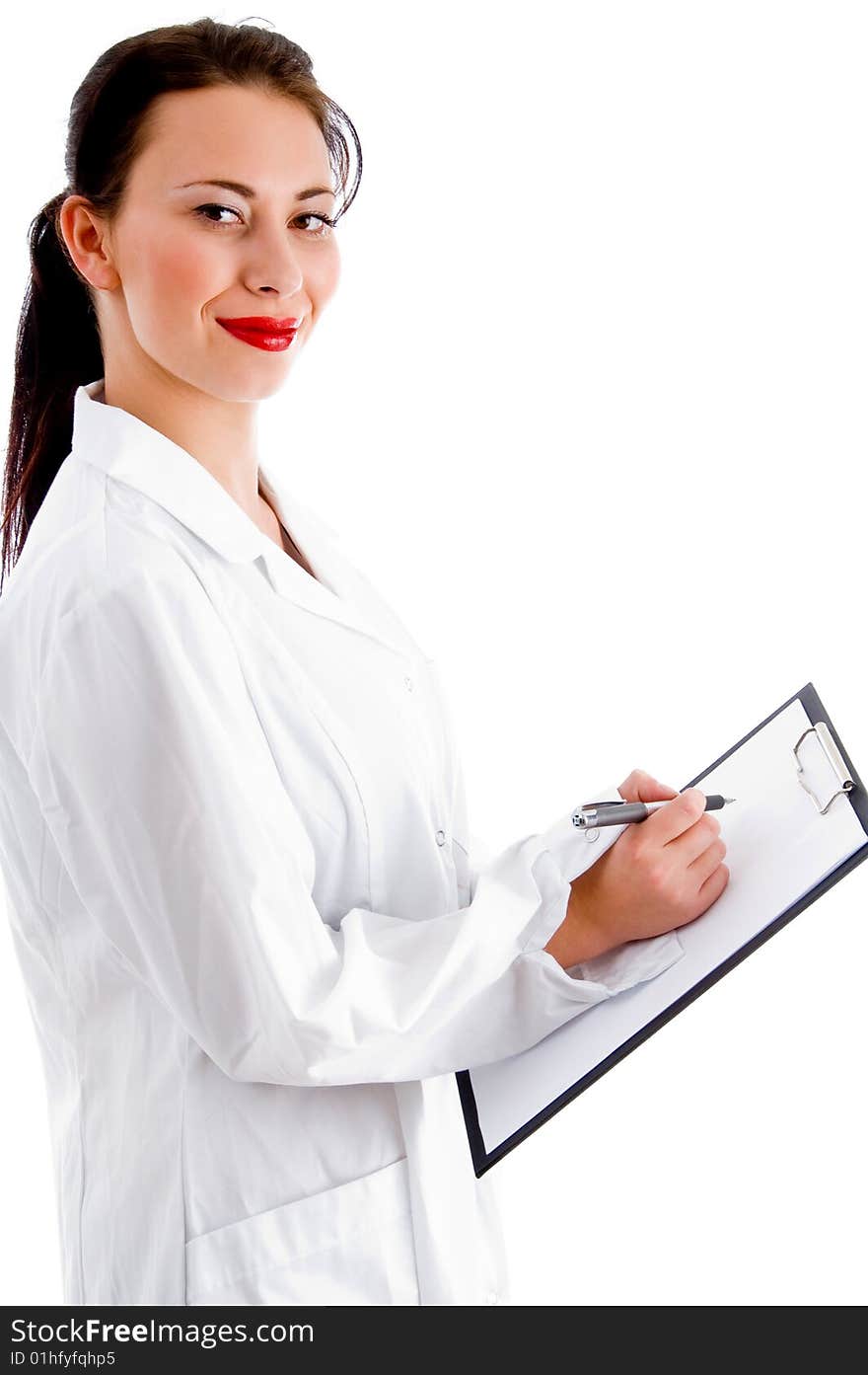 Doctor busy with her clipboard with white background