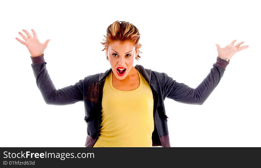 Attractive woman with open palms on an isolated white background