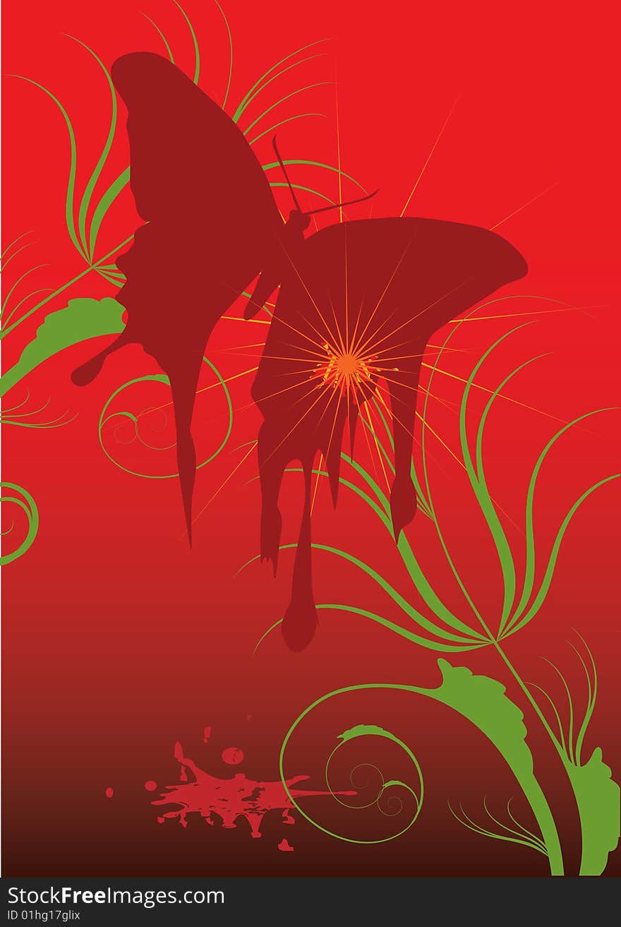 Butterfly ,blood on red decorative background. Butterfly ,blood on red decorative background