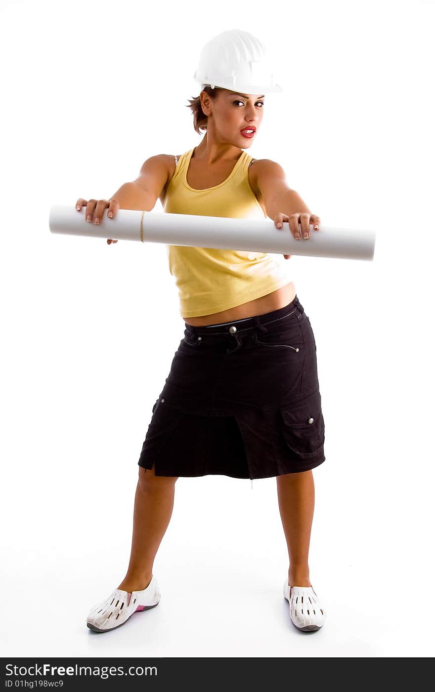 Standing woman with helmet and blueprint