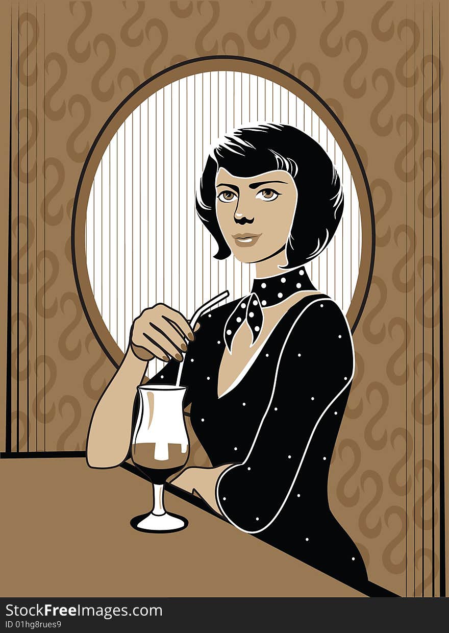 Woman with drink on a brown background in retro style