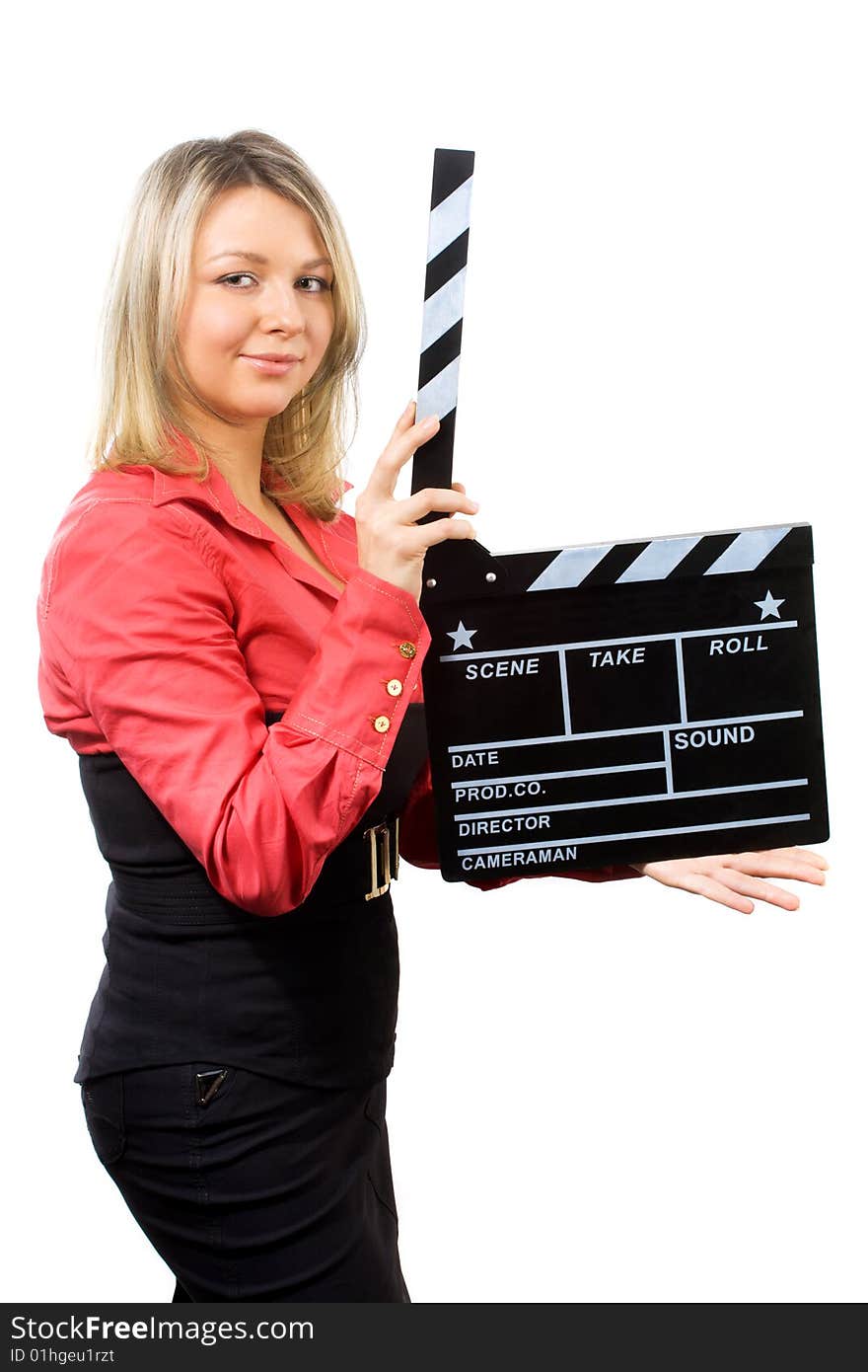 Young woman with clapper board isolated on white. Young woman with clapper board isolated on white