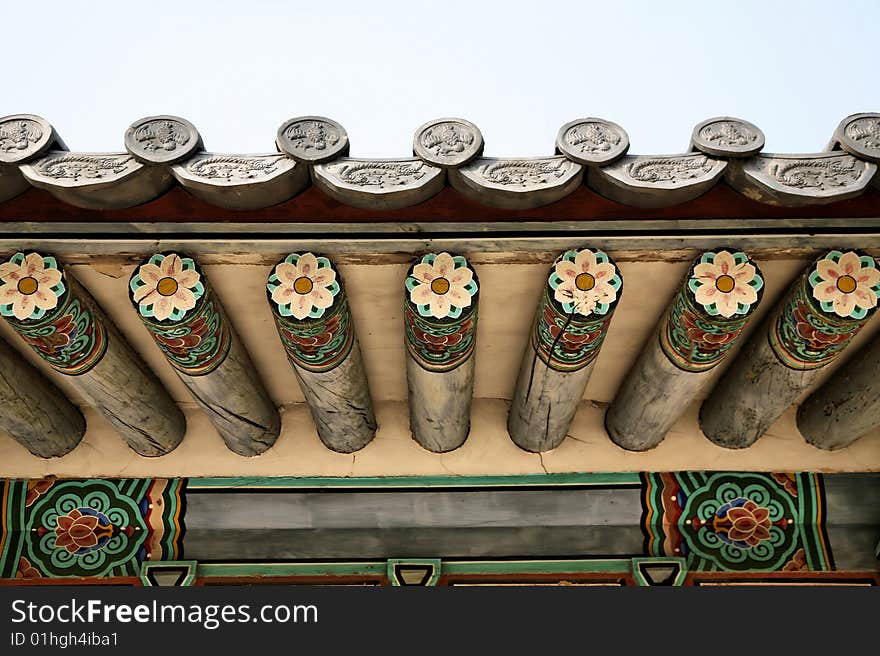 Buddhist Temple Roof Detail against blue sky