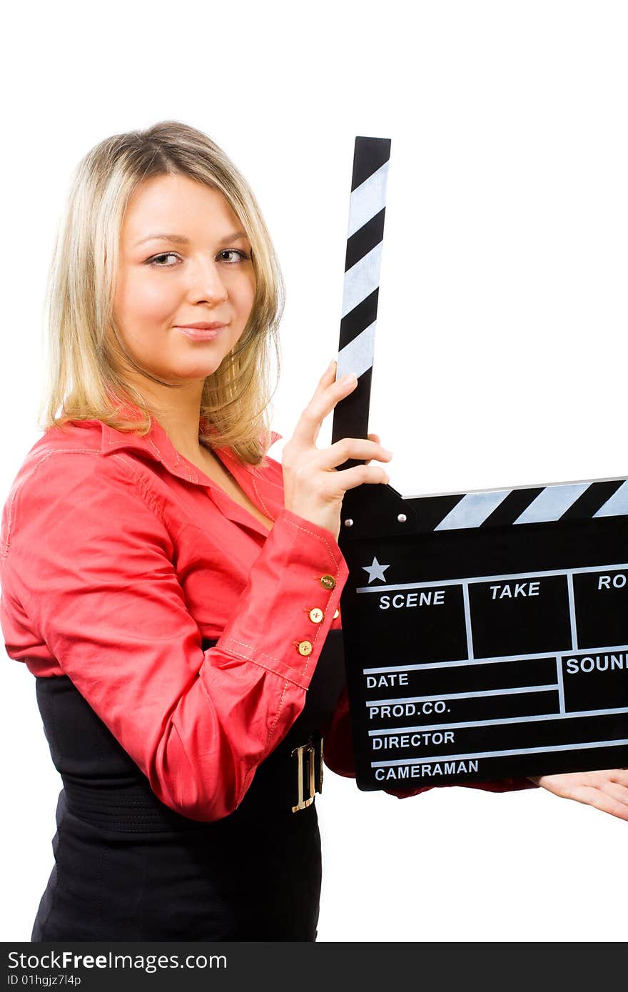 Young woman with clapper board isolated on white. Young woman with clapper board isolated on white