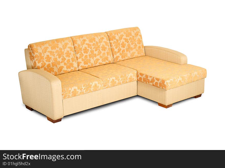 The sofa in the yellow tissue is isolated on a white background.