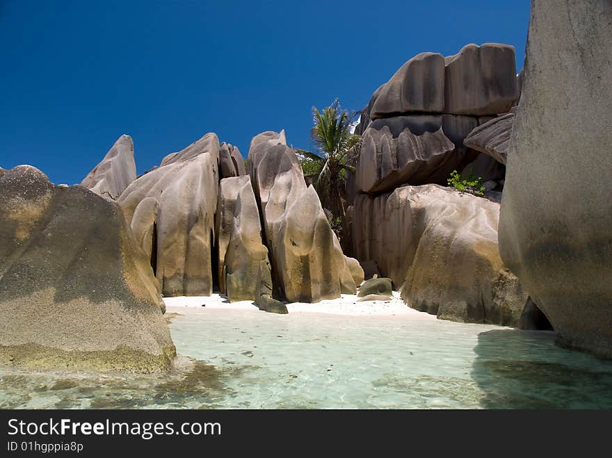 Seychelles stones and palm trees on the bank of azure ocean. Seychelles stones and palm trees on the bank of azure ocean