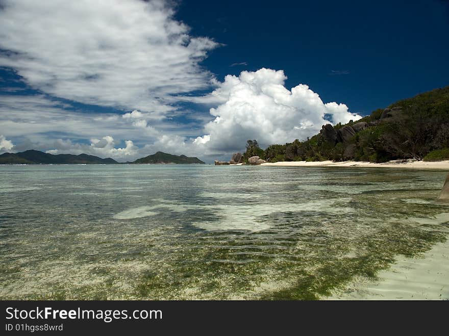 Seychelles stones and palm trees on the bank of azure ocean. Seychelles stones and palm trees on the bank of azure ocean