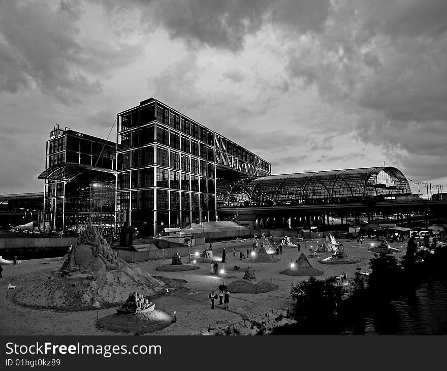 Central station berlin in storm and with sand castles