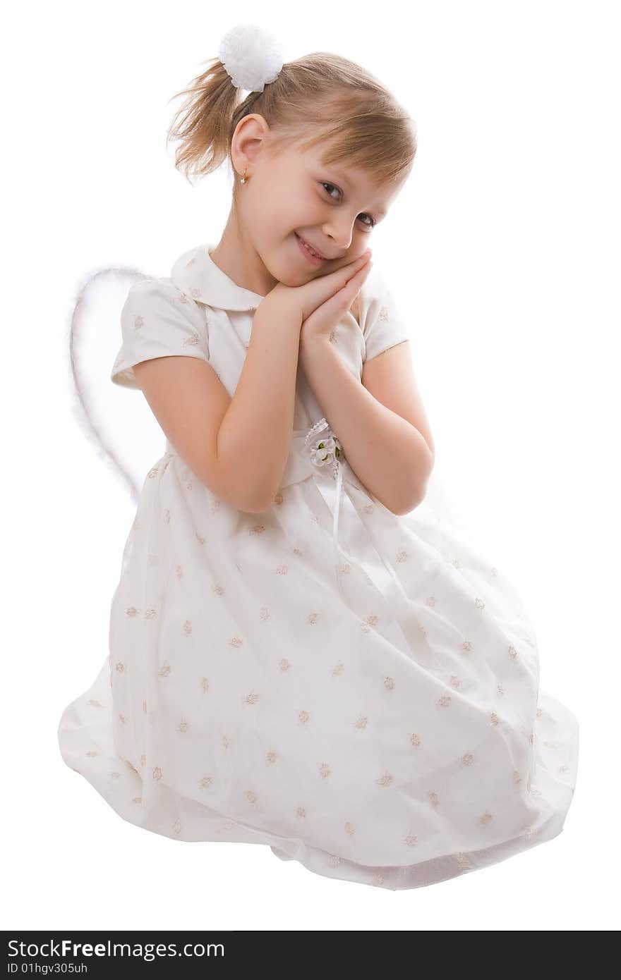 Girl in a white dress with wings isolated on a white background. Girl in a white dress with wings isolated on a white background