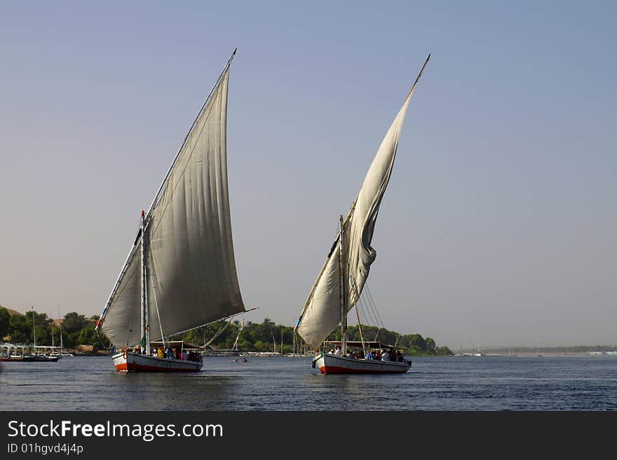 Two fellucas on Nile, Aswan, Egypt