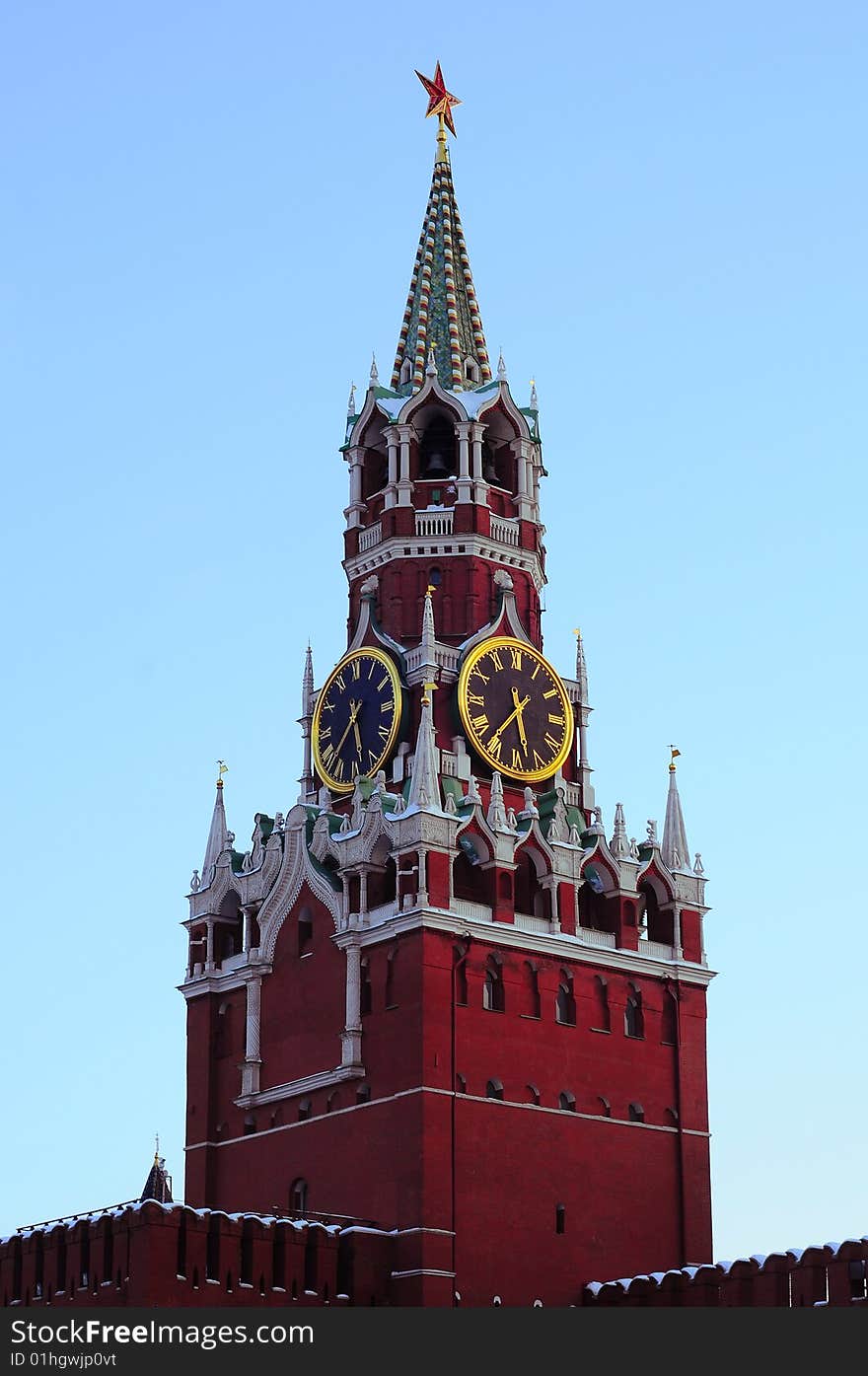 Spasskaya tower in kremlin. Moscow, Russian Federation, Red square, Kremlin. Slope perspective.