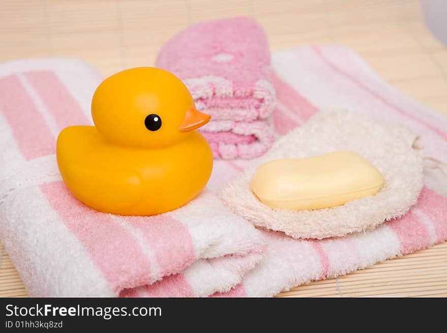 Yellow duck and white soap. Yellow duck and white soap