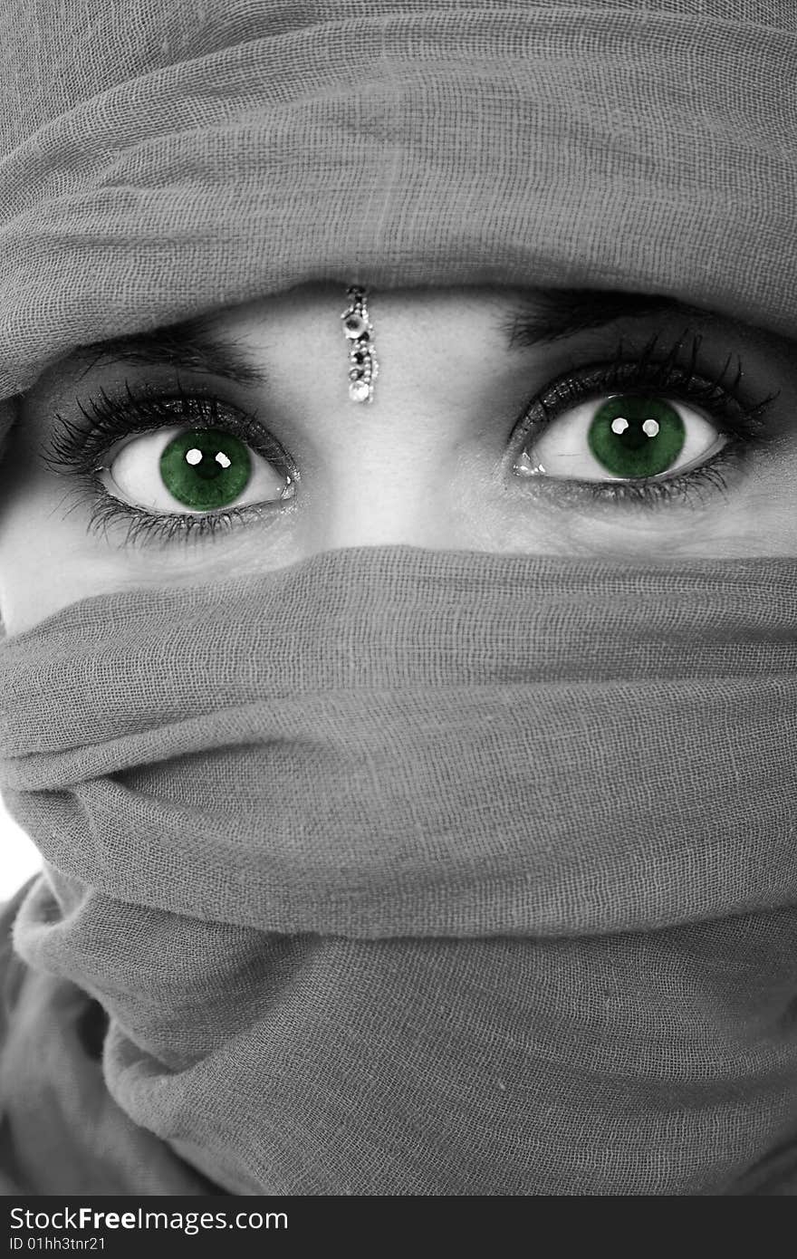 Black and white young woman with green eyes. Black and white young woman with green eyes