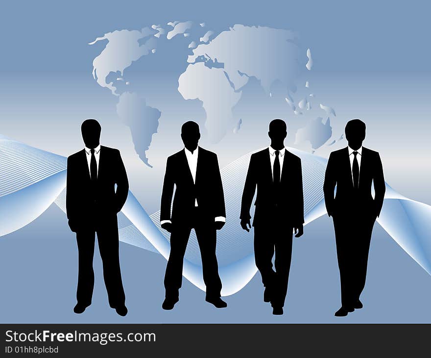 Illustration of business men, map and background. Illustration of business men, map and background