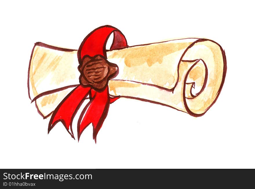 An illustration of a scroll tied in red ribbon, isolated on a white background