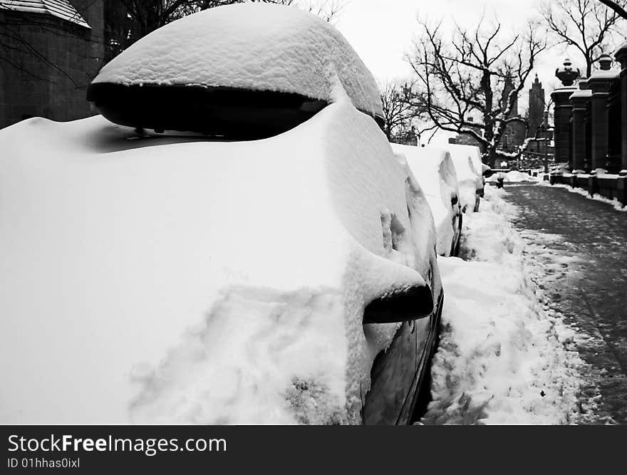 Cars are snowed in while parked on the street. Snowstorm hits NYC.